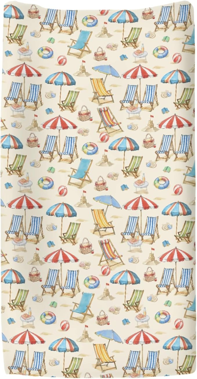 Fun Beach Days Changing Pad Covers for Baby Girls Boys Umbrella Beach Balls Summer Fitted Change Table Pad Covers Mats Seaside Coastal Soft Diaper Changing Pad Sheets 32''×16''
