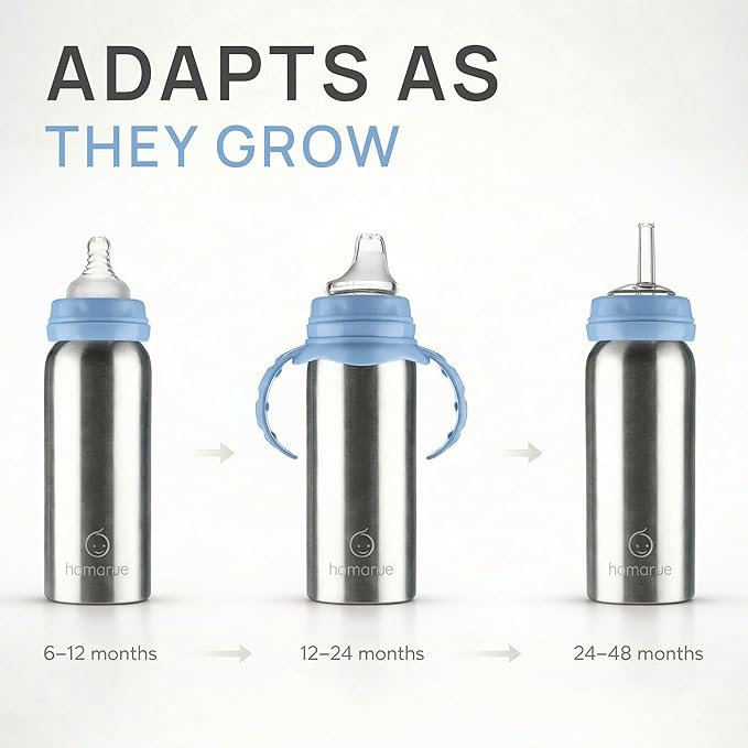 3-in-1 Stainless Steel Baby Bottle – Newborn to Toddler Sippy and Straw Cup, Leak-Proof Insulated, Ages 0–4, 8 oz Blue