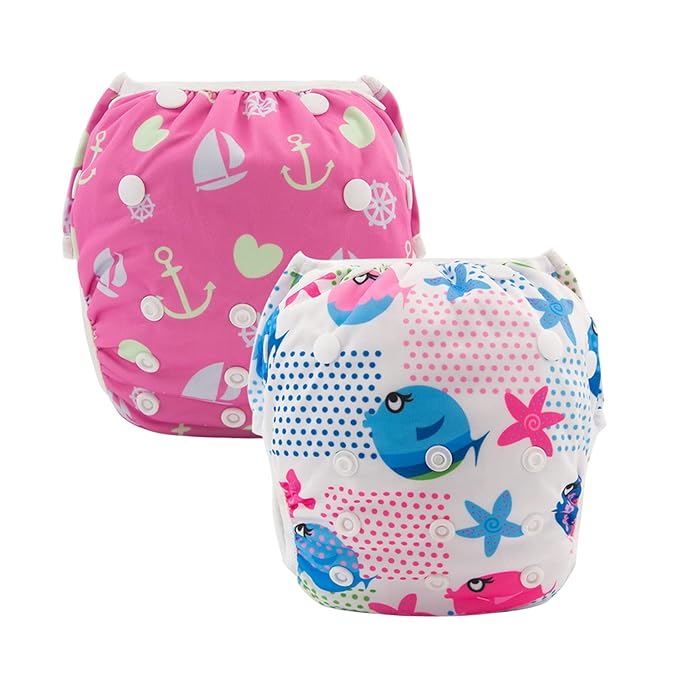 ALVABABY 2pcs Baby & Toddler Swim Diapers with 2pcs Cloth Diaper Wet Dry Bags Waterproof Reusable