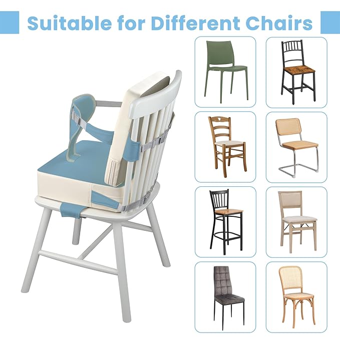 Toddler Booster Seat for Dining Table with Adjustable Straps, Kids Booster Seat for Kitchen Chair with Non-Slip Bottom, PU Anti-Scratch Portable Detachable Increasing Cushion (Blue)