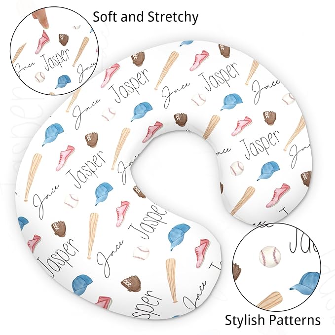 Baby Nursing Pillow Cover - Personalized Name Baseballs Theme Breastfeeding U-Shaped for Bottle Feeding, Ultra Soft Comfortable Breastfeeding Pillow Cover for Infant Baby Boys and Girls