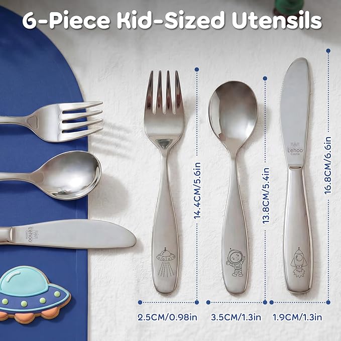 Lehoo Castle Toddler Eating Utensils 6-Piece | Stainless Steel Kids Utensils for Ages 3+, Toddler Spoons and Forks Knife Set, Children Safe Flatware for Self Feeding (Space)