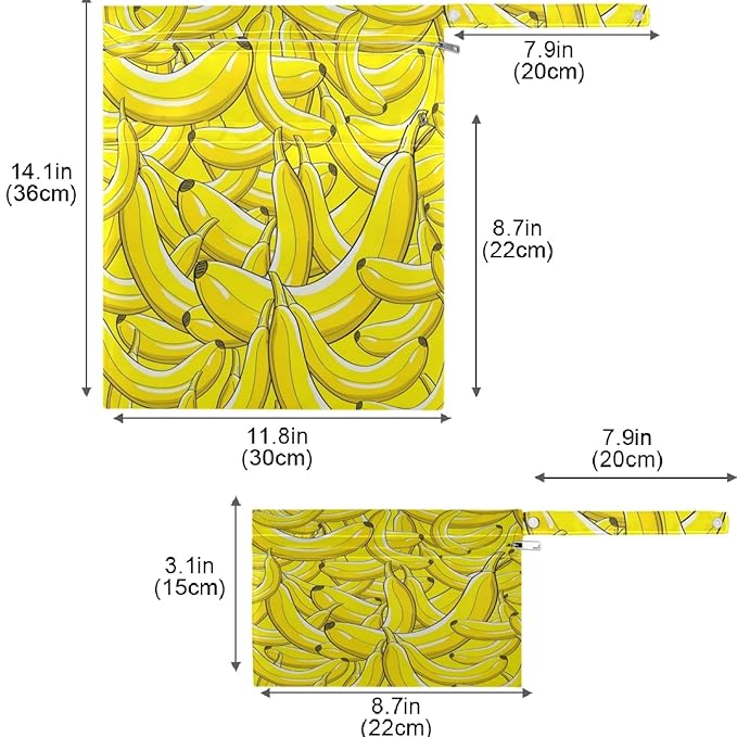 visesunny Yellow Banana 2Pcs Wet Bag with Zippered Pockets Washable Reusable Roomy for Travel,Beach,Pool,Daycare,Stroller,Diapers,Dirty Gym Clothes, Wet Swimsuits, Toiletries