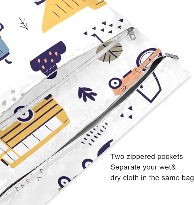 Cute Truck Excavator Wet Dry Bag for Baby Cloth Diaper Waterproof Reusable Travel Wet Bag with Two Zippered Pockets for Swimsuits, 2 Pcs