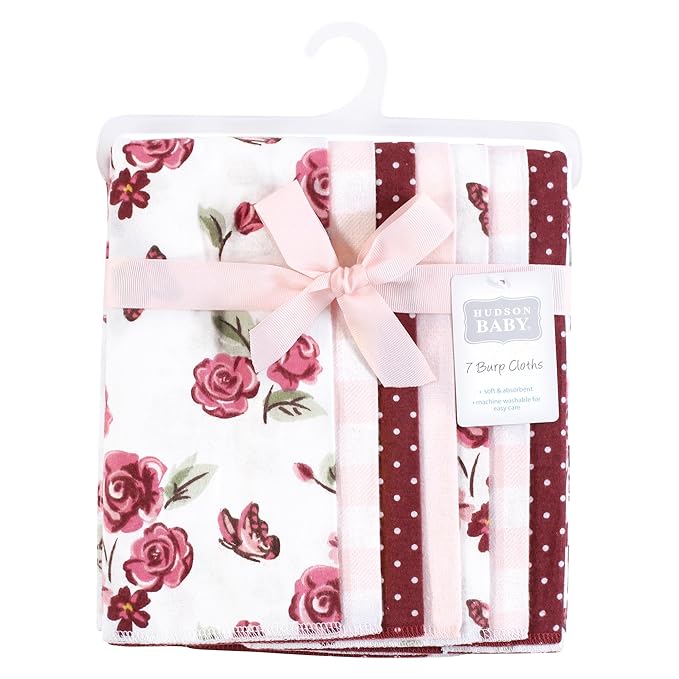 Hudson Baby Unisex Baby Flannel Burp Cloth 7pk, Sweet Roses, One Size