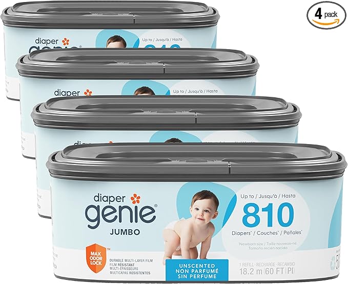 Diaper Genie Refill, Jumbo Square | Continuous Film | Holds 810 Newborn Diapers | Pack of 4