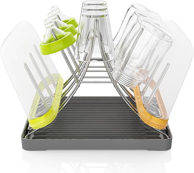 Baby Bottle Drying Rack, Space Saving Bottle Drying Tree Rack with Drainboard for Cups, Mugs and Glass, Sports Bottle, Holds Up to 15 Baby Bottles ，Foldable,Stainless Steel,