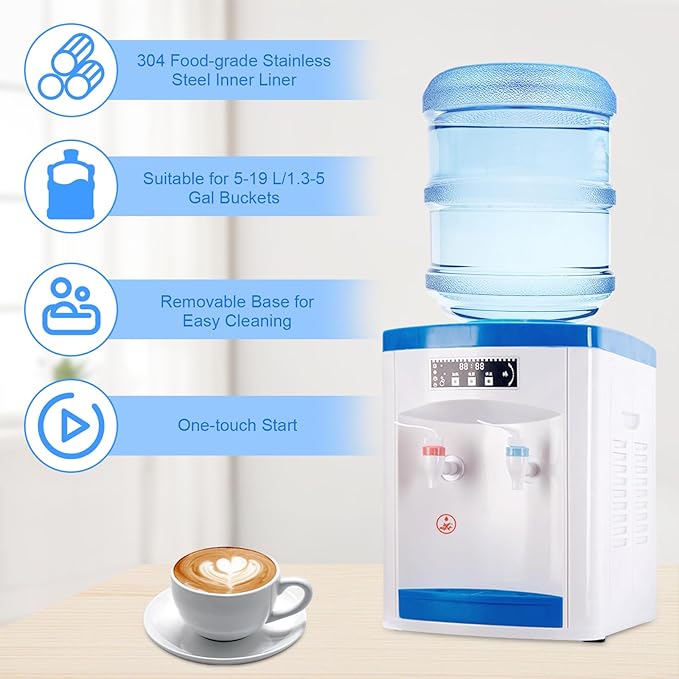 Top Loading Desktop Water Cooler Dispenser, 550W 110V Countertop Hot & Cold Water Coolers Drinking Fountain Portable Water Warmer for Home Bedroom Studio Office Grocery Store