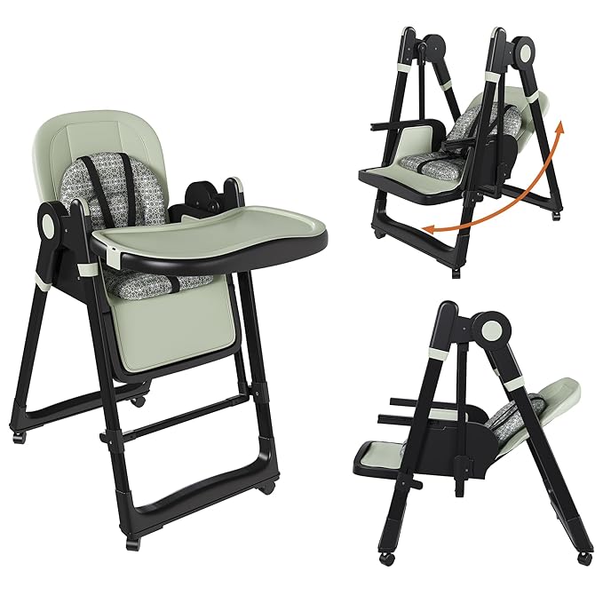 Foldable Baby High Chair with 150° Swing & Recline,Convertible High Chairs for Babies and Toddlers,5 Height Levels,3 Backrest & Footrest Positions,Removable Double Tray,Lockable Wheels (Dark Green)