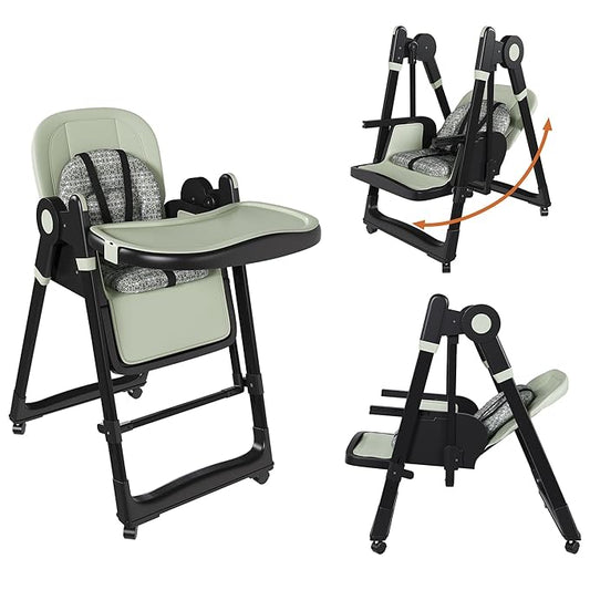Foldable Baby High Chair with 150° Swing & Recline,Convertible High Chairs for Babies and Toddlers,5 Height Levels,3 Backrest & Footrest Positions,Removable Double Tray,Lockable Wheels (Dark Green)