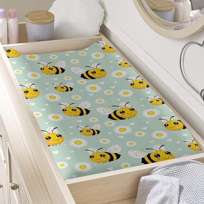 Bee Daisy Baby Changing Pad Cover Stretchy Diaper Changing Cover Infant/Toddler Waterproof Breathable Universal Tray Table Mat
