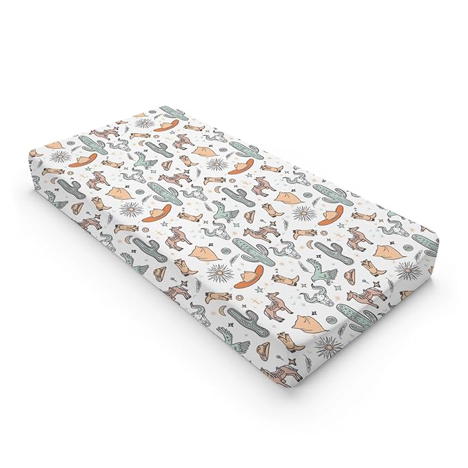 Western Cactus Horse Cow Skull Native Sun Moon Stars American Pattern Baby Changing Pad Cover, Unisex Western Nursery Diaper Changing Table Pad Mat Sheet for Boys Girls-16x32