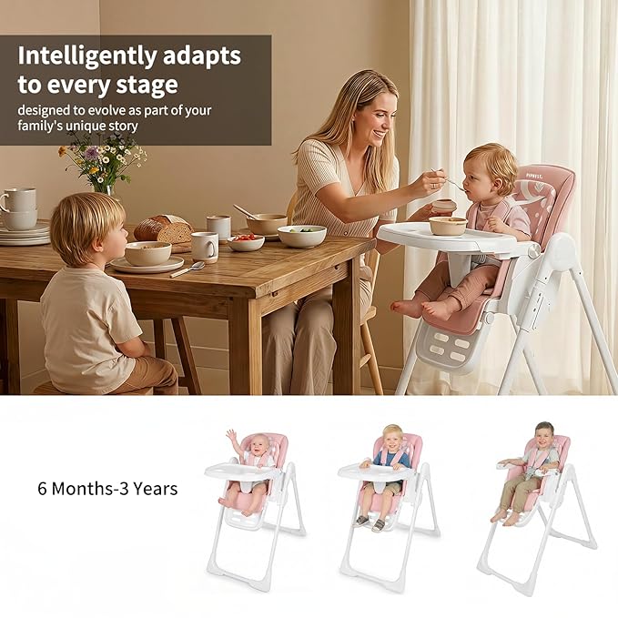 High Chair for Babies and Toddlers, Baby High Chair with Removable Tray, Adjustable Backrest, Footrest Height Settings, Space-Saving Design, Foldable, Pink