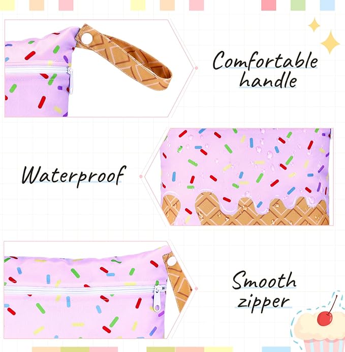 SATINIOR 2 Pack Wet Dry Bags Ice Cream Waterproof Pouch Large & Small Makeup Bag Baby Wet Bags Zipper Pouch for Baby Women Diapers Cloth