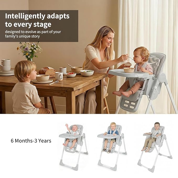 High Chair for Babies and Toddlers, Baby High Chair with Removable Tray, Adjustable Backrest, Footrest Height Settings, Space-Saving Design, Foldable (Light Gray)