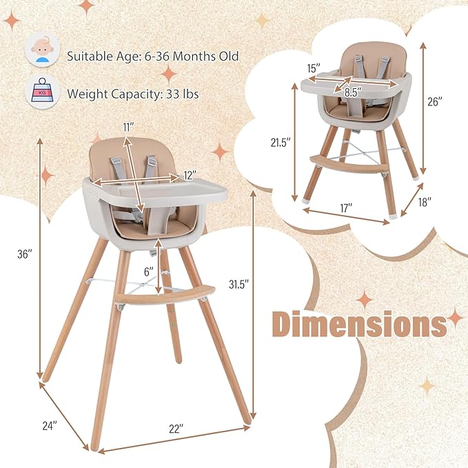 HONEY JOY Baby High Chair, 6-in-1 Eat & Grow Wooden Highchair/Toddler Chair with Removable Tray, 5-Point Harness, PU Cushion and Footrest, Convertible High Chair for Babies and Toddlers(Dark Beige)