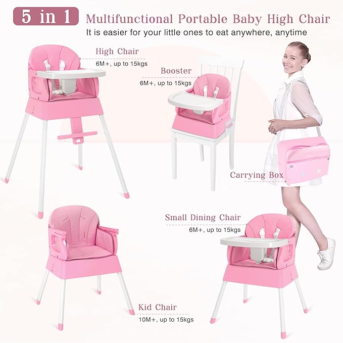 5 in 1 Foldable Baby High Chair,Convertible Highchair for Babies and Toddlers-Portable Infant Booster Seat,Carry Small Box,Dining Chair,Toddler High Chair with 5-Point Harness,Removable Tray-Pink