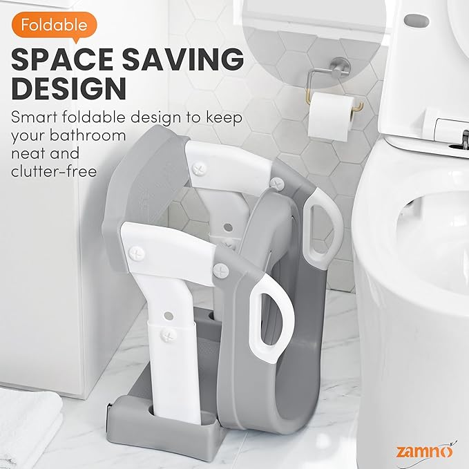 Upgraded Potty Training Seat with Step Stool Ladder – 6-in-1 Foldable Toddler Toilet Seat with Adjustable Height, Anti-Slip Steps & Detachable Bowl for Boys & Girls Ages 1-7 (Gray & White)