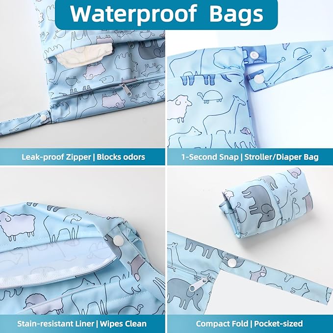 3 PCS Waterproof Wet Dry Bags, Reusable Wet Bags for Baby Diaper Swimsuit Breast Pump Parts, 3 Sizes Wet Clothes Bag with 2 Zippered Pockets, Leakproof Wetbags for Travel Pool Beach Essentials