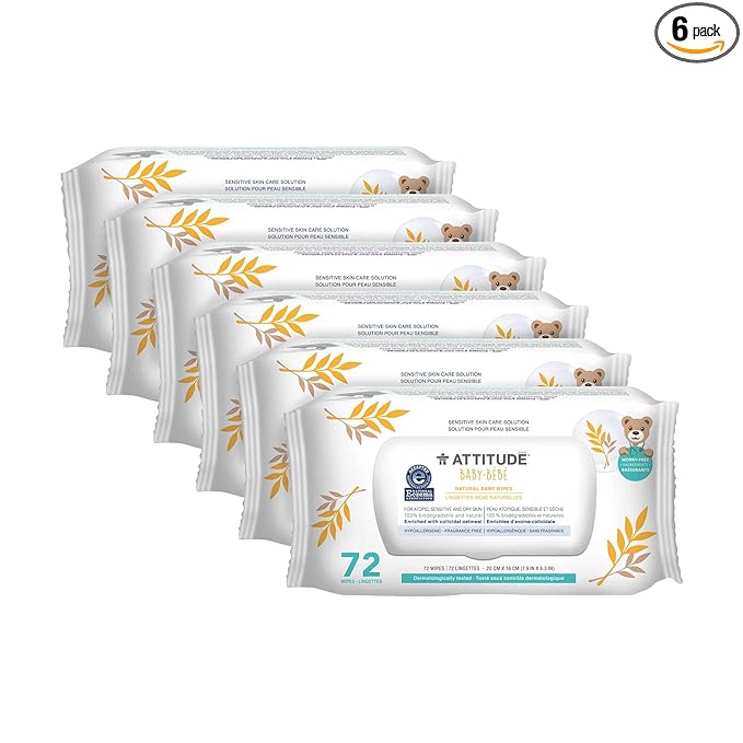 ATTITUDE Baby Wipes Unscented, For Sensitive Skin with Oat, Natural origin, Dermatollogically tested, For Babies, Toddlers & Kids, Revitalizing Chamomile Extract, EWG Verified, 72 Count (Pack of 6)