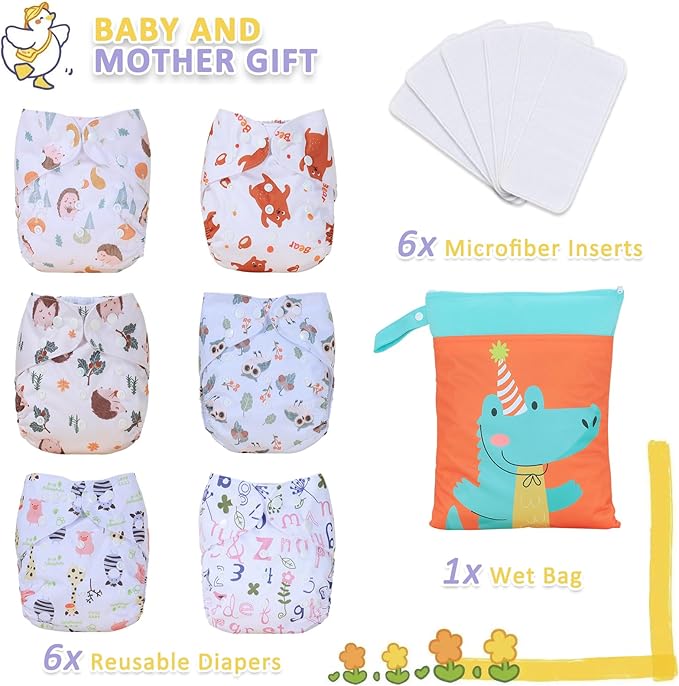TDIAPERS Cloth Diapers Reusable Washable Pocket Diapers Cover One Size Adjustable for Baby Snaps Cloth Diapers Nappy 6 Pack with 6 Pcs Microfiber Inserts,1 Wet Bag