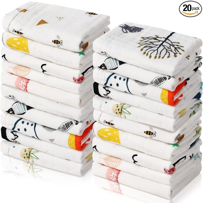 Chumia 20 Pack Baby Muslin Burp Cloths Baby Wash Cloths with Sensitive Skin 6 Layer Newborn Cotton Face Towels Drool Bib Soft Bath Towel Absorbent for Toddler Kids Shower 10 x 10 Inch