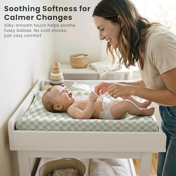 Konssy Silky Soft Changing Pad Cover 3 Pack, Ultra-Stretchy Diaper Changing Table Sheets, Breathable Snug Fit for Standard 32" x 16" Contoured Pads, Boho Neutral Sheets for Boys & Girls (Green Dino)