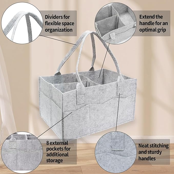 2 Pack Diaper Caddy Organizer, Portable Baby Caddy Organizer with Handle, Collapsible Nursery Storage Bin and Gift Baskets for Girls and Boys - Newborn Essentials, Baby Shower Gifts (Gray)