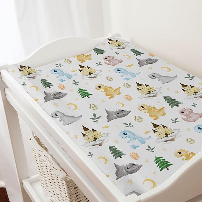 Cartoon Dinosaurs Changing Pad Covers Cute Dragon Castle Moon Stars Trees Leaves Change Table Sheets for Boys Girls Soft Baby Dinosaur Stretchy Snug Fitted Diaper Changing Table Mats 32''x16''