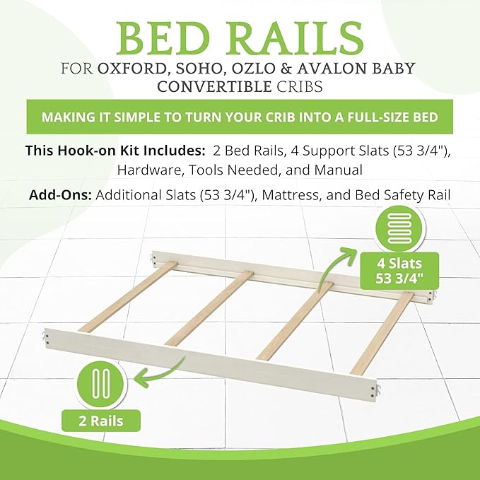 Full-Size Conversion Kit Bed Rails for Oxford, Soho, Ozlo & Avalon Baby Convertible Cribs - Solid Wood - Toddler & Adult Rail for Full-Size Bed - Nursery & Baby Furniture (Heirloom White, Hook-On Kit)