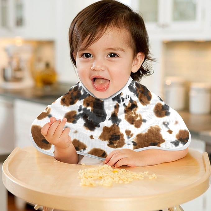 Muslin Burp Cloths for Baby Boys and Girls - 2-Pack Ultra Absorbent Black and Brown Cow Print Muslin Washcloths, Newborn Towel, Milk Spit Up Rags, Burp Cloth Bib for Unisex, 22 x 11 Inch