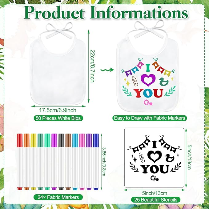 Panitay 100 Pcs DIY Baby Bibs Decorating Kit 50 White Bibs 25 Stencils 24 Markers 1 Baby Shower Game Sign