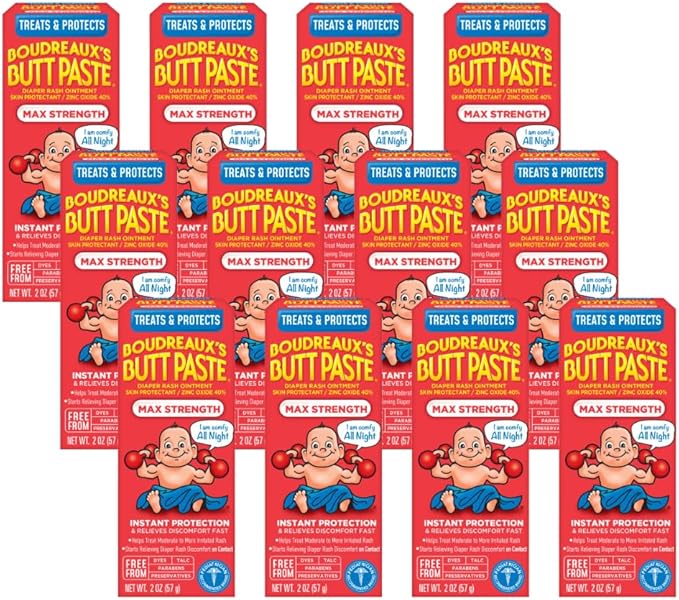 Boudreaux’s Butt Paste Diaper Rash Ointment, Baby Rash Cream Skin Protectant, Fast Relief for Diaper Rash, Soothing Barrier Cream, Maximum Strength, 2 Ounce Tube (Pack of 12)