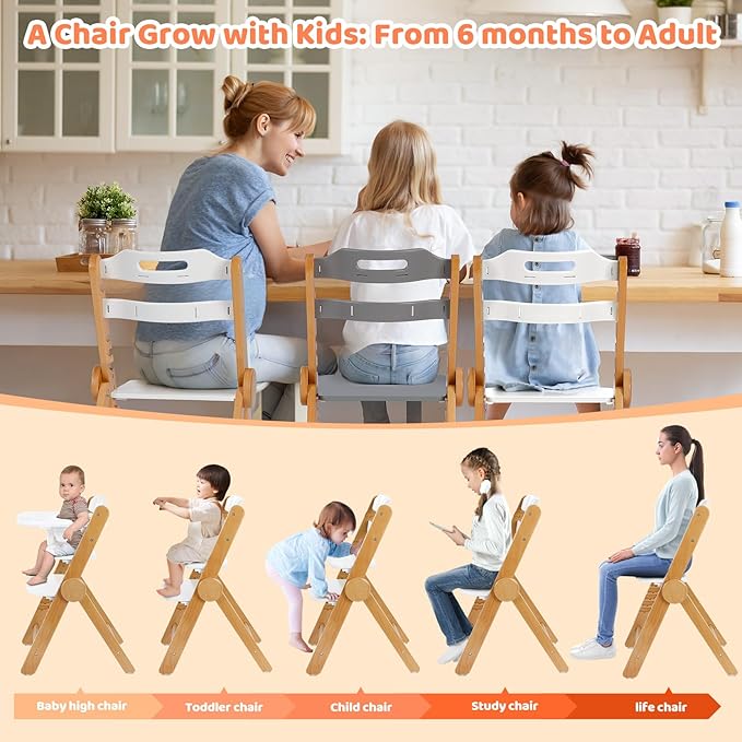Ezebaby Wooden High Chair for Babies and Toddlers, Foldable High Chair with Adjustable Seat Height and Footrest, Grows with Your Child, Cushion and Large Double Layer Tray(White)