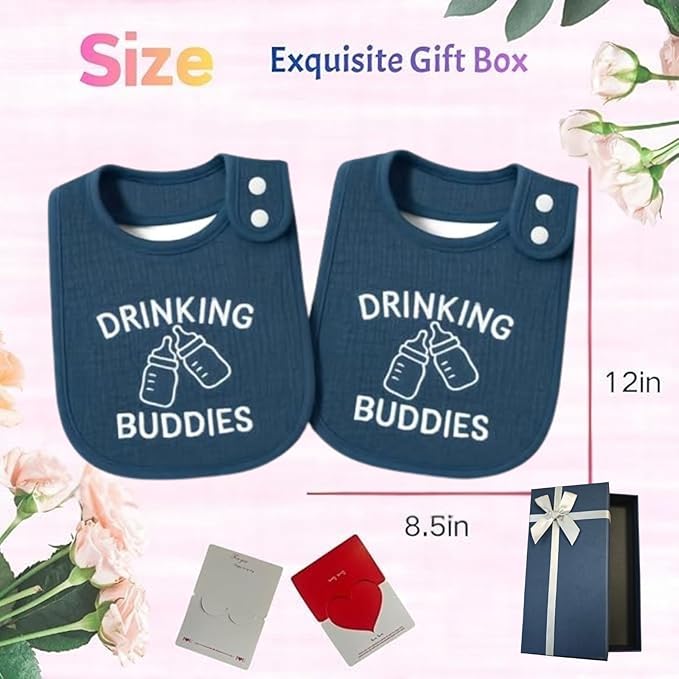 Twin Bibs – Ultra-Soft Cotton Yarn Twin Baby Bibs - 'Drinking Buddies' Design, High Absorbency, Perfect Infant Gift