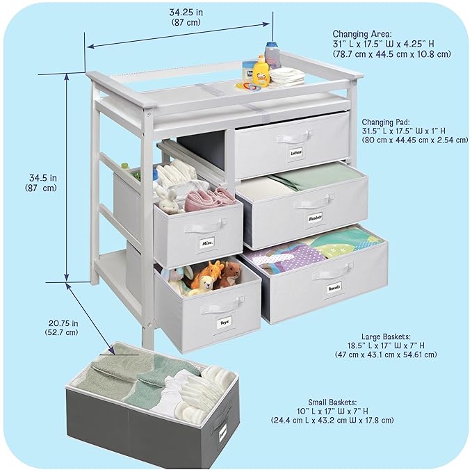Badger Basket Modern Baby Changing Table - Diaper Station Organizer with 6 Storage Drawers, Reversible Baskets, Safety Rails - Baby Nursery Furniture with Changing Pad and Belt - White