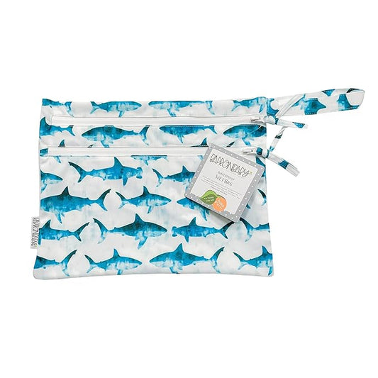 BapronBaby Shark Attack Wet Dry Bag - Waterproof Two Zipper Pockets - Reusable for Mealtime, Diapers, Stroller, Snacks, Swimsuits - Machine Washable - 11" x 9"