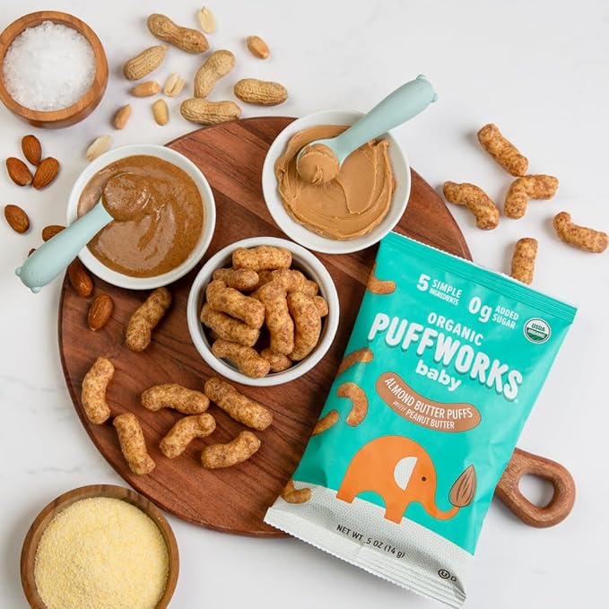 Puffworks Baby Organic Almond Butter Puffs, with Peanut Butter, Plant-Based Protein, USDA Organic, No Added Sugar, Gluten-Free, Vegan, Non-GMO, Kosher, 0.5 Ounce (Pack of 12)