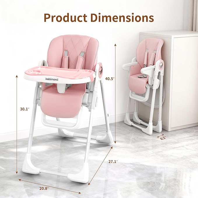 babimoni 4 in 1 High Chairs for Babies and Toddlers, Foldable Baby High Chairs, Feeding and Eating Seat Highchair with 4 Levels of Recline and 7 Levels of Height Adjustment, Pink