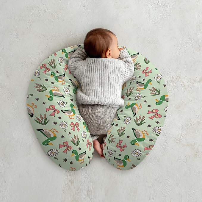 Cute Mallard Ducks Bows Reeds Nursing Pillow Covers Green Ducks Daisy Flowers Nursing Covers for Breastfeeding Hunting Season Pillow Slipcover for Baby Girls Boys Newborn