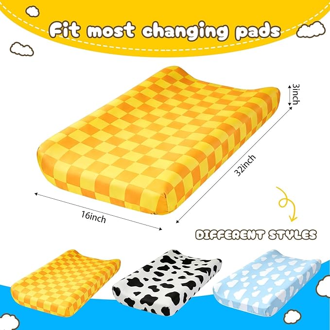 3 Pack Baby Changing Pad Cover for Boys Girls Blue Sky and White Cloud Cow Print Nursery Diaper Change Table Sheets Fitted 32''x16'' Changing Table Pad Bassinet Mattress