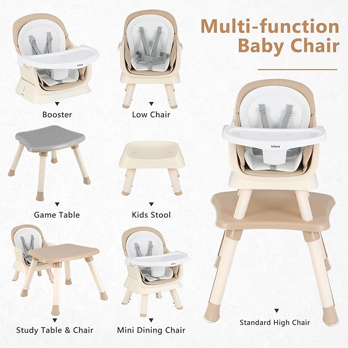 INFANS 8 in 1 Baby High Chair, Convertible Highchair for Babies and Toddlers, Infant Dining Booster Seat, Building Block Table, Kids Stool Table Chair Set with Removable Tray