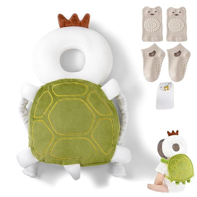 Baby Head Protector Backpack, Toddler Baby Head Protection Backpack with Baby Knee Pads Alarm Function for Walking & Crawling, Soft, Breathable and Wearing Safety Baby Head Protector- Green Turtle