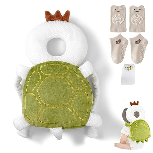 Baby Head Protector Backpack, Toddler Baby Head Protection Backpack with Baby Knee Pads Alarm Function for Walking & Crawling, Soft, Breathable and Wearing Safety Baby Head Protector- Green Turtle