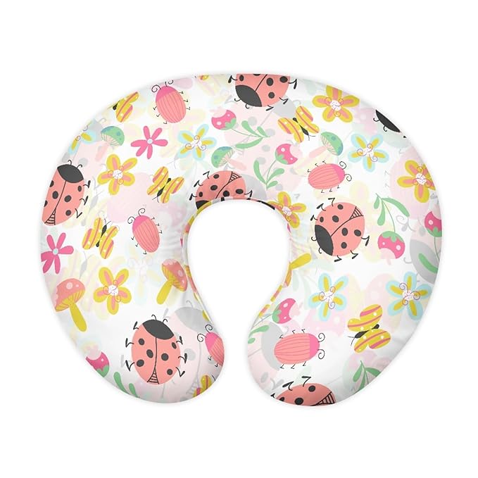 Forchrinse Pink Ladybug Floral Nursing Pillow Cover for Baby Girls Soft Ladybug Breastfeeding Pillow Cover Washable Infant Feeding Cushion Cover, Medium