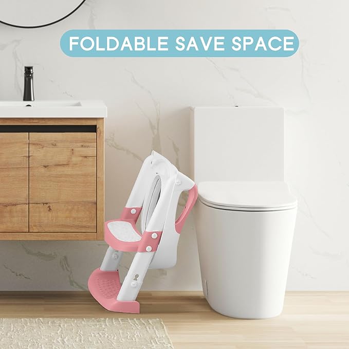 COOSEYA Potty Training Toilet with Step Stool Ladder, Toddler Kids Potty Training Seat for Boys Girls, Foldable Anti-Slip Toilet Toddler Seat Splash Guard Soft Cushion Safety Handles (Pink)