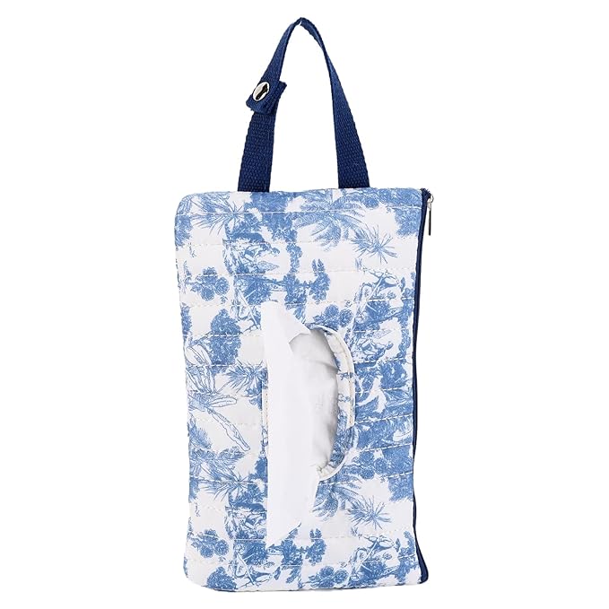 Quilted Baby Wipe Holder, Canvas Floral Quilted Pouch with Hanging Strap, Portable Diaper Wipe Holder for Travel Stroller-Grand Classical Blue