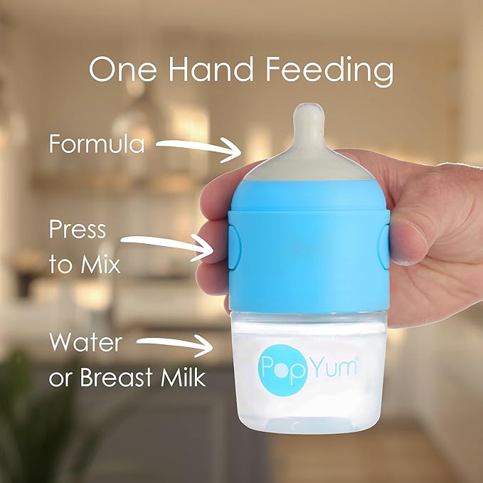 PopYum 5 oz Blue Anti-Colic Formula Making/Mixing/Dispenser Baby Bottles, 3-Pack with #1 Slow Flow Nipples, 150 ml, BPA-Free, Natural Latch