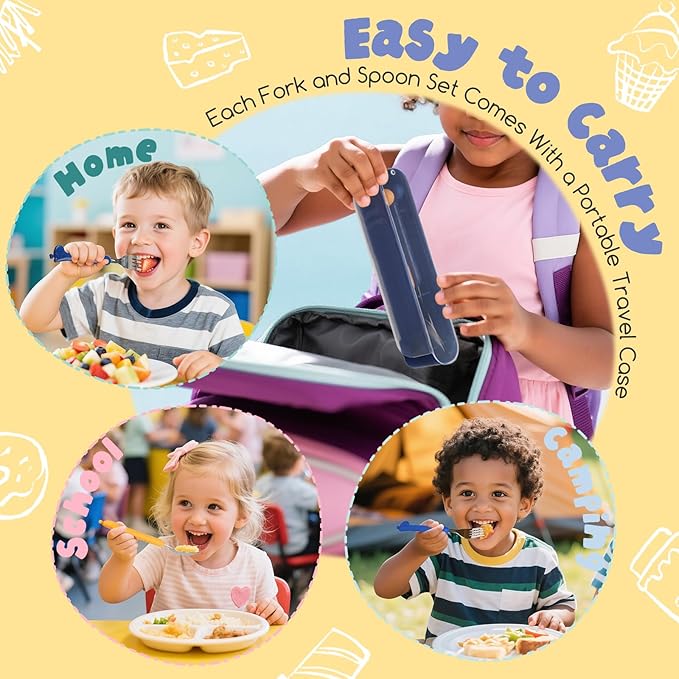 2-Piece Kid Utensils Set, 304 Stainless Steel Kids Fork and Spoon for Self-feeding, Safe Kid Silverware with storage case for School Lunch, Travel & Outdoors, Dishwasher Safe(BLUE)