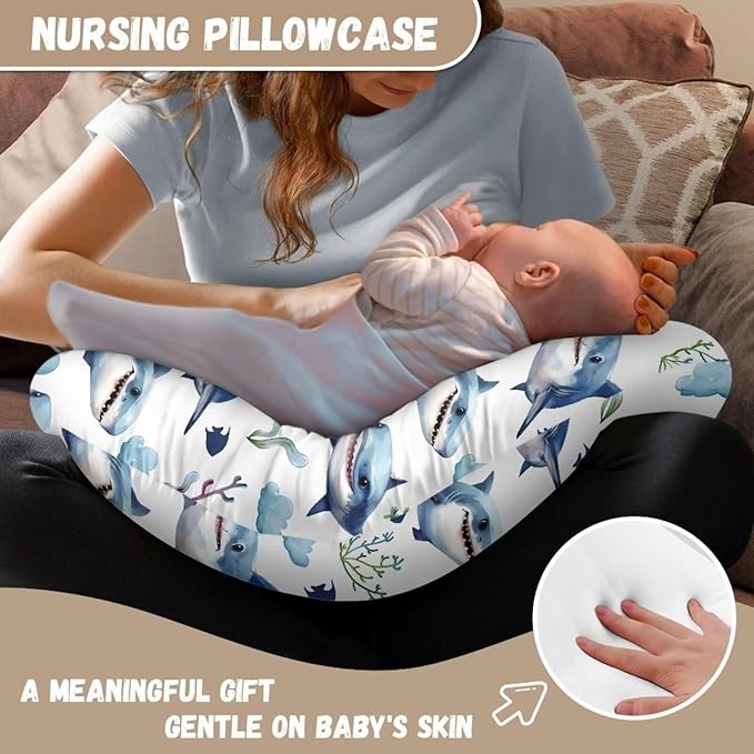 Cartoon Shark Nursing Pillow Cover Breastfeeding Pillow Covers for Breastfeeding Mom Hidden Zipper Design U-Shaped Pillow Covers Soft and Skin-Friendly